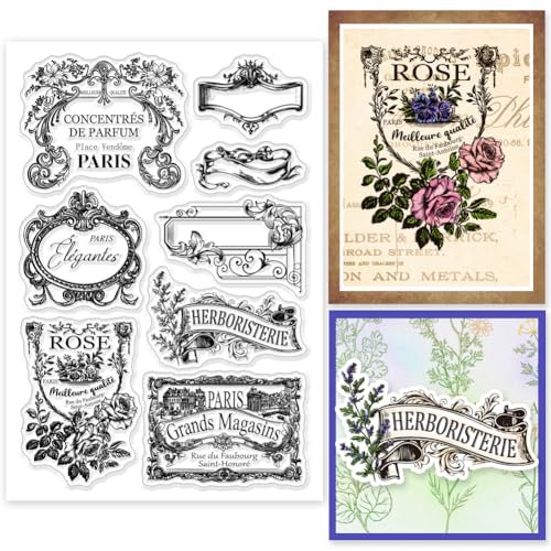 GLOBLELAND Vintage Französische Werbeanhänger Klare Silikonstempel Für DIY Kartenherstellung Rose Silikon Durchsichtige Dichtungsetiketten Eckenrahmen Dekorative Klare Stempel Für Scrapbooking