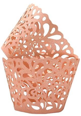 KOSTOO 50Pcs Cupcake Wrappers Water Droplet Hollowing Out Artistic Bake Cake Paper Lace Laser Cut Liner Baking Cup Wraps Muffin for Wedding Party Birthday Decoration (Pink)