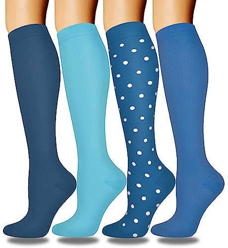 ACTINPUT 4 Paar Kompressionsstrümpfe für Damen Herren, Bunte Stützstrümpfe Kompressionssocken für Sport, Flug, Laufen, Reisen, Radsport, krankenschwester(4117 - Blau,L-XL)