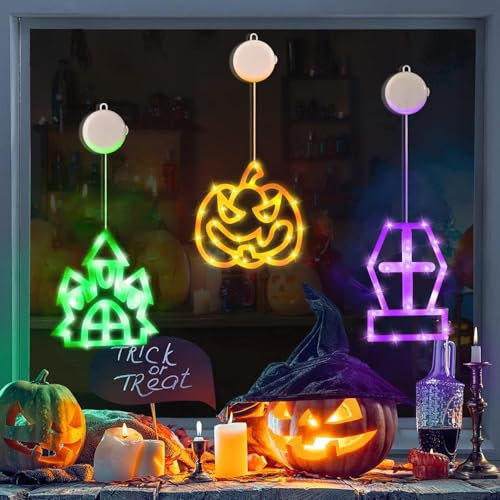Lumière de Fenêtre à Ventouse LED,3 Pièces Lumières de Fenêtre D'Halloween,Lumière de Fenêtre de Citrouille,Lumières de Fenêtre Décoratives D'Halloween avec Ventouse,pour Extérieur Intérieur