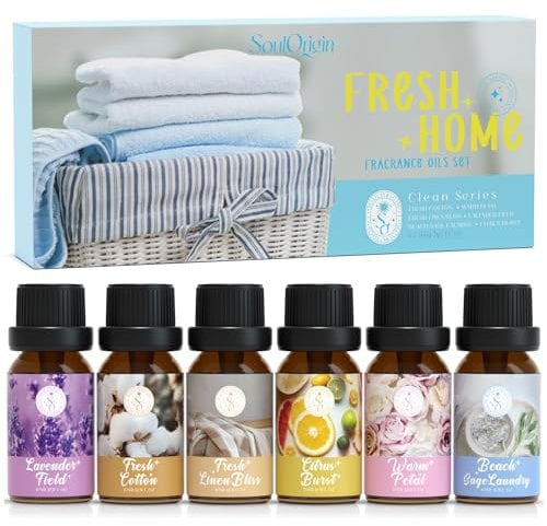 SoulOrigin Clean ätherische Öle Set, Duftöl Geschenk Set für Öl Diffuser, Duftöle 6x10ml Strandsalbei Waschmittel, Citrus Burst, Lavendelfelder, frische Bettwäsche, warme Blütenblätter