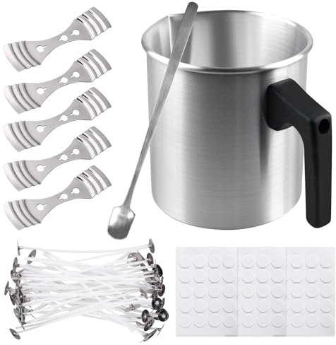 Olla para hacer velas, kit de fabricación de velas con 60 mechas para velas, 1 cuchara, 5 portamechas para velas, crisol de cera de 1,2 l, con mango resistente al calor, juego de fabricación de velas