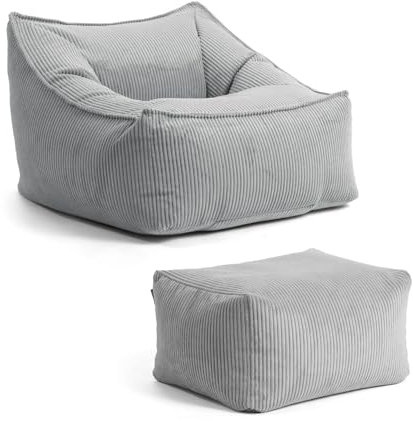 mokebo Sitzsack Sessel mit Hocker aus Cord 'Der Lümmel', XXL Sitzsack, Cord Sessel oder Sitz Sessel für Wohnzimmer und Wintergarten, auch als Riesensitzsack in 83x73x60 (BxHxT in cm) in Grau