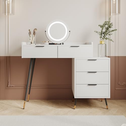 Idemon Weißer Schminktisch(Ohne Stühle), Enthält ausziehbare Seitenschränke, mit Spiegel einstellbare Helligkeit, mit 5 Schubladen, Großer Frisierkommode Schlafzimmermöbel Vanity, Weiß