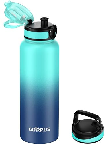 GOPPUS Botella de acero inoxidable de 1,2 l/40 oz, con pajita, 2 tapas, sin BPA, a prueba de fugas, apta para bebidas carbonatadas, para bicicleta, termo, aislada, deportiva, botella de agua
