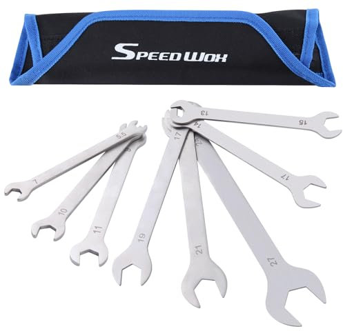 SPEEDWOX 8pcs 3MM Super-Thin Open End Wrench Set with Roll Pouch Long Pattern Combination Wrench Sets V-Groove Open End 5.5, 7, 8, 9, 10, 11, 13, 14, 15, 17, 18, 19, 21, 24, 27mm Slim Spanner Set