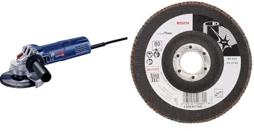 Bosch Professional Winkelschleifer GWS 9-125 S (inkl. Aufnahmeflansch, Zweilochschlüssel, Spannmutter, Schutzhaube, Zusatzhandgriff) + Fächerschleifscheibe X581 Best for Inox Korn 80