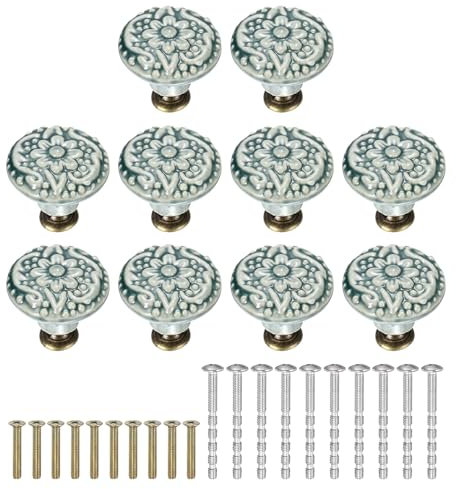 sourcing map 10Pcs Ceramic Knobs, 34mm/1.34 Flower Pattern Mushroom Knob Raised Base Drawer Pull Handle Vintage Wardrobe Knobs with Screws for Vanity Bedroom Furniture Closet, Green