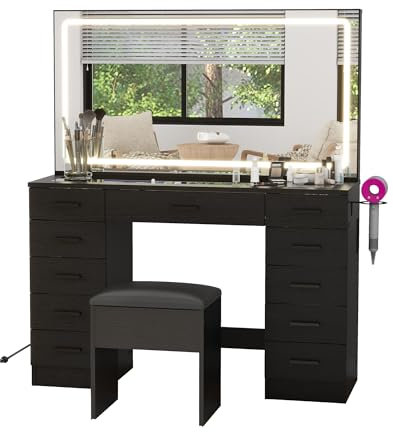 Dressing Table and Stool set, 11 Drawer Vanity Table with 3-Color Big LED Mirror Lights Brightness Adjustable Transparent Glass Top & Built-in Plug Socket Makeup Desk for Bedroom Dressing Room (Black)