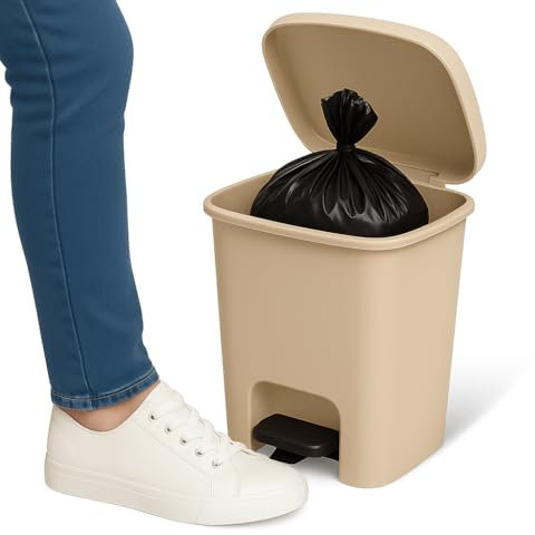 TECHZOCO Cubo basura plástico, Cubo basura apertura pedal, Papelera de pedal, cubo de Pedal, Basura para oficina, Libre BPA, 45 cm alto x 38 cm ancho x 32 cm fondo, Capacidad 27 Litros, Beige