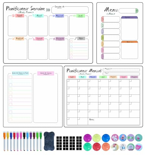 Prelisee 4 Pièces Calendrier Magnetique Frigo, Planificateurs Mensuels | Magnétiques Effaçables,Tableau Menu Semaine Frigo Liste Courses Planning Semaine Magnetique avec Raccords pour Enfants Adulte