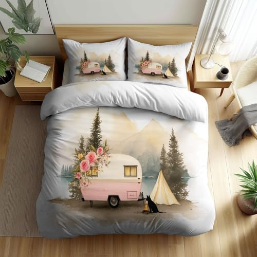 Generisch Bettwäsche 155 x 200 cm mit Oldtimer Wohnmobil Zelt Bettbezug, Flauschige Atmungsaktiv Weiß Bettwäsche Set und Kissenbezug mit Reißverschluss für Kinder Jugendliche Erwachsene