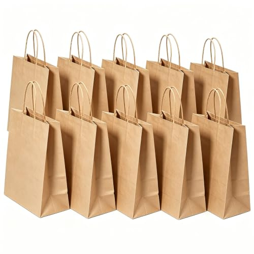 SHUBEIEUMI 10 Sacs Cadeaux en Kraft Avec Poignées,Marron | 21x15x8 cm Petite Taille Sacs en Papier pour Anniversaires, Mariages