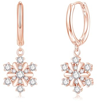 Cangall Weihnachts Ohrringe Rose Gold, Hypoallergen 925 Sterling Silber Ohrringe Creolen mit Schneeflocke Anhänger, Leichte Schlafen Schneeflocke Huggie Creolen für Damen Geschenk für Weihnachten