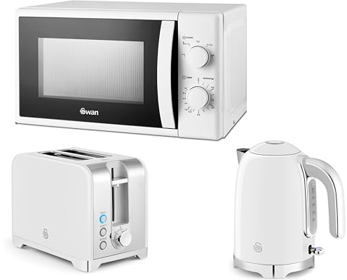 Swan Solace White 1.7L 3KW Kettle, 2 Slice Toaster and SM4420WHT Microwave. Contemporary Design Kettle, Toaster & Microwave Kitchen Set with a Premium White Finish