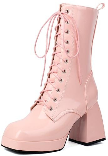 Lroey Reoly Damen Hohen Blockabsatz Hohe Stiefel mit Plateau Square Toe Party Stiefeletten Cx959 Pink Gr 48 EU