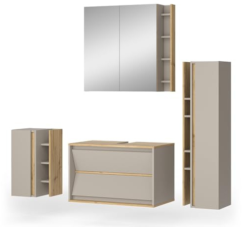 Vicco Badmöbel-Set Edelin, Cashmere, 80 cm | besteht aus Waschbeckenunterschrank, Spiegelschrank, Midischrank und Hängeschrank