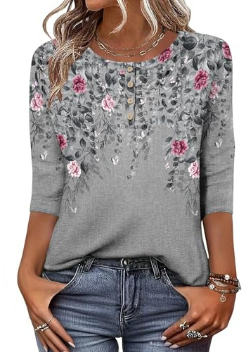 Zeagoo Women 3/4 Sleeve Tops Henley Crew Neck Blouses Casual Summer Tunic | Elegant Tops, Summer Autumn T Shirts, Dressy Outfits for Women, Going Out Top, Comfy Soft, Variety of Floral, S-3XL