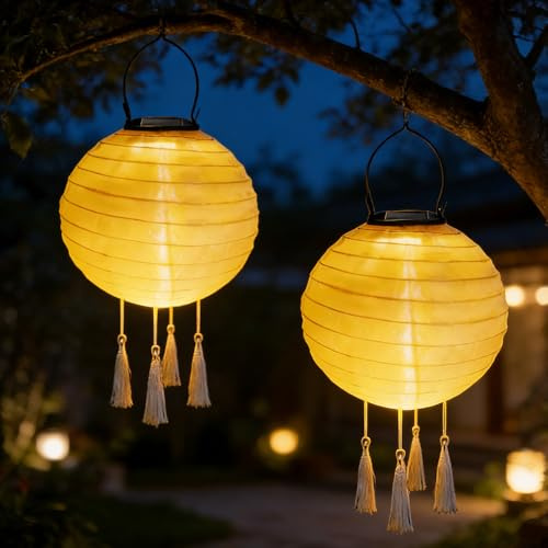 NAVESO 2 Stück Solar Lampions Außen Wetterfest, 30cm Lampions LED Solar mit Quasten, SolarLampions Outdoor, Solarlampen Lampions, Gartenlaterne Hängend, Solar Beleuchtung Laterne, Balkon Deko, Weiß