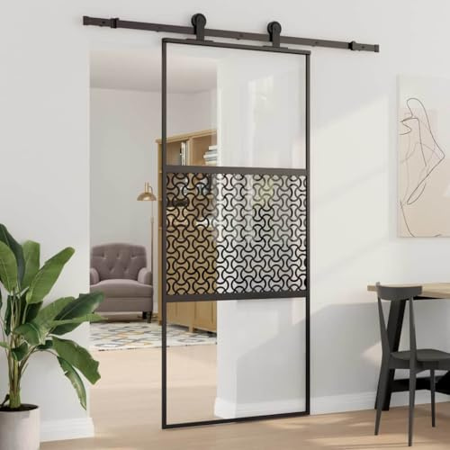 Mangloder Puerta de cristal negro de aluminio 90 x 2 x 205 cm Puerta corredera para habitaciones, casas, interiores, salones, cocinas, pasillos, entrada con marco, riel, montaje y barril que ahorra
