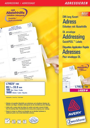 Avery Zweckform, L7162X-100, 100 Blatt, Adress-Etiketten mit Abziehhilfe für DIN lang Kuverts, 99, 1 x 33, 9 mm
