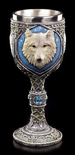 Figuren Shop GmbH Fantasy Kelch - Einsamer Wolf mit blauen Schmucksteinen und Edelstahl-Einsatz, handbemalt