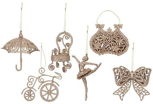 Toyland® Packung mit 6-10 cm glitzernden dekorativen Baumbesätzen - 6 Verschiedene Designs - jeweils eines geliefert (ROSENGOLD)