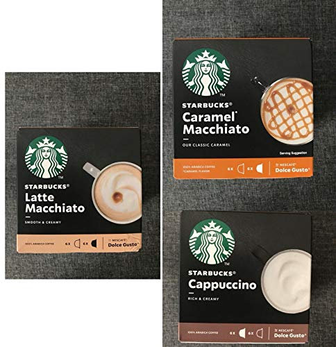 Nescafe Dolce Gusto - Starbucks - 3 cajas (36 cápsulas) de café Cappuccino, Latte Macchiato, Caramel Macchiato