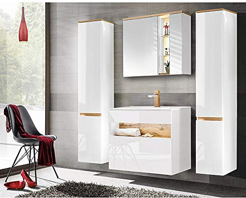 Lomadox Badmöbel Komplett Set, 80cm Unterschrank mit Keramik Waschbecken, Hochglanz weiß mit Wotaneiche, 2 Hochschränke und LED-Spiegelschrank