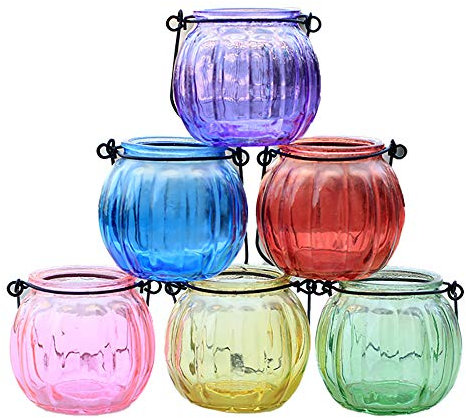 Lot de 8 photophores en verre à suspendre avec poignées, différentes couleurs, lanternes décoratives pour fête de mariage, maison, jardin