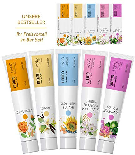 UMIDO 5 Stück Set Hand-Lotion Set 45 ml | 1x Ringelblume | 1x Vanille | 1x Sonnenblume | 1x Rice Milk & Cherry Blossom | 1x Holy Lotus & Bergamotte | Handcreme | Pflegecreme | Lotion | Handcreme Set