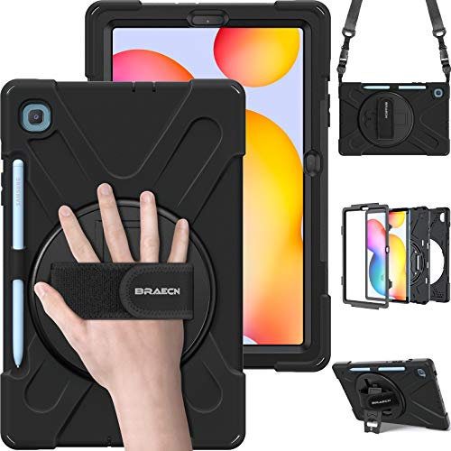BRAECN Funda para Samsung Galaxy Tab S6 Lite 10.4 Pulgadas 2024/2022/2020, Carcasa Rugosa con Soporte de Rotación de 360°, Correa de Mano/Hombro, Carcasa Antichoque para Tab S6 Lite 10.4, Negro