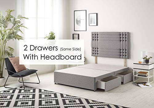 Bed Centre Tweed Gray Flexby Divan Bed Base - Headboard And Storage Drawer (Single, Small Double, Double, King and Super King Size (Single, Divan Base with 2 Drawer Same Side With Headboard)