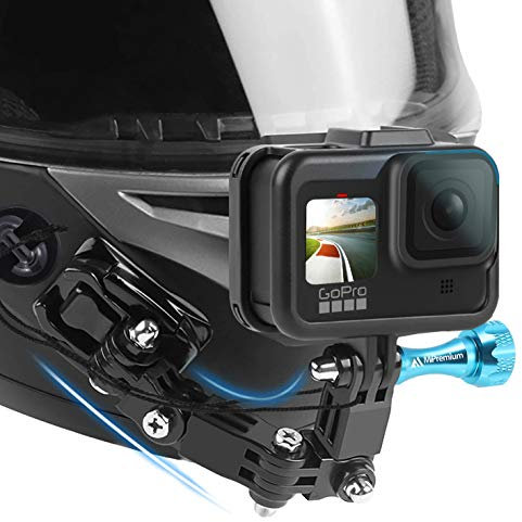 MiPremium Motorcycle Helmet Chin Mount Kits for GoPro Hero 13 12 11 10 9 8 7 6 5 4 3 Black Silver Session, AKASO/Campark & Other Action Camera Swivel Aluminium Screw Flat Curved Adhesive Pads & J Hook