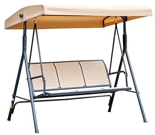 Outsunny 3 Seater Swing Chair, Garden Swing Bench with Canopy, Breathable Mesh Seat and Heavy Duty Steel Frame for Patio, Yard, Beige