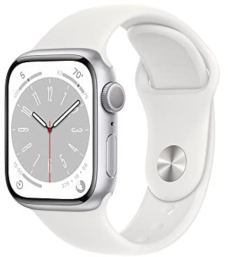 Apple Watch Series 8 (GPS, 41mm) Smartwatch - Aluminiumgehäuse Silber, Sportarmband Weiß - Regular. Fitnesstracker, Blutsauerstoffund EKGApps, Always-On Retina Display, Wasserschutz