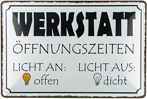 mrdeco Metall Schild 20x30cm gewölbt Werkstatt Licht an offen dicht Deko Blechschild Tin Sign