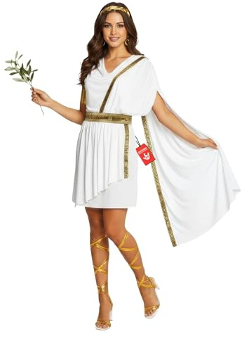 Morph Griechische Göttin Kostüm Damen, Antikes Halloween Kostüm Damen | Gewand, Kopfteil & Armmanschette, Goldene Muster, Zum Überziehen, Perfekt für Halloween, Ideal zum Verkleiden
