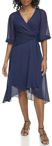 DKNY Damen Chiffon 3/4 Ärmel Faux Wrap Kleid, Midnight NVY, 42