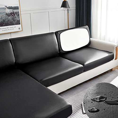 Surwin Wasserdicht Sofa Sitzkissenbezug Sitzkissenschutz, Stretch Kunstleder Kissenbezug Sofakissen Schonbezug Sofasitzbezug für Sofa Sitzkissen Möbelschutz (1 Sitzer Plus,Schwarz)