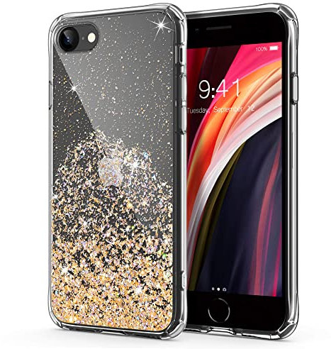 ULAK iPhone SE 2020 2022 Hülle, iPhone 7/8 Sparkle Sterne Muster Clear Glitter Stoßfest Handyhülle Durchsichtig Bling Schutzhülle Case Cover für iPhone 7/8/SE 2020/SE 2022 4,7 Zoll - Gold Glitzer