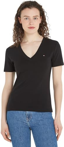 Tommy Hilfiger Camiseta de Manga Corta para Mujer New Slim Cody V-Neck con Cuello de Pico, Negro (Black), M