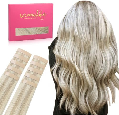 WENNALIFE Tape Extensions Echthaar, 30cm 20g 10 Stück Invisible Tape in Extensions Echthaar, Echthaar Extensions Tape, Remy Gerade Haarverlängerung Echthaar #17A/60A Aschblond Highlights Platinblond