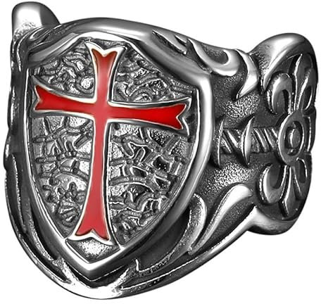 BOBIJOO Jewelry - Siegelring Tempelritter Wappen Schild Ritter Kreuz rot Edelstahl Silber, Edelstahl