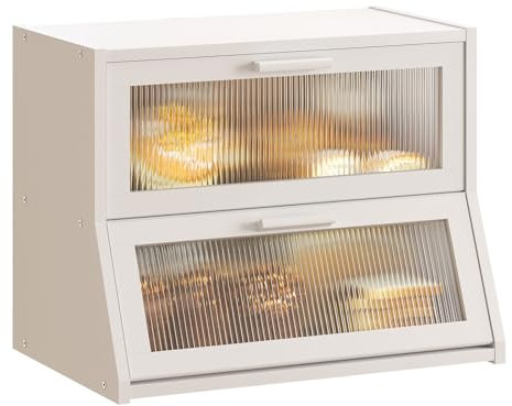 GHWIE Doppelschichtiger Bambus-Brotkasten für Küchentheke, große Kapazität, Brotbehälter mit gewellter Acryl-Türverkleidung (weiß, mittel)