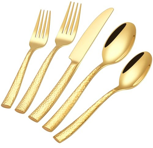 HONKKU 30 Teiliges Besteck Set 6 Personen Gold, Verdickter Edelstahl Besteckset mit Gehämmert Griff, Essbesteck Set mit Messer Gabel Löffel, Spiegel Polierter Spülmaschinenfest