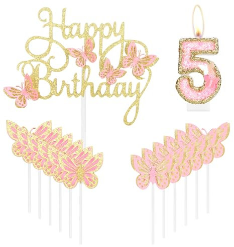 mciskin Gold Pink Happy 5th Birthday Candles,Butterfly Cake Decorations,Gold Pink Number 5 Candle for Cake Toppers Girls,Glitter Butterfly Topper for Girls' 5th Birthday Decorations