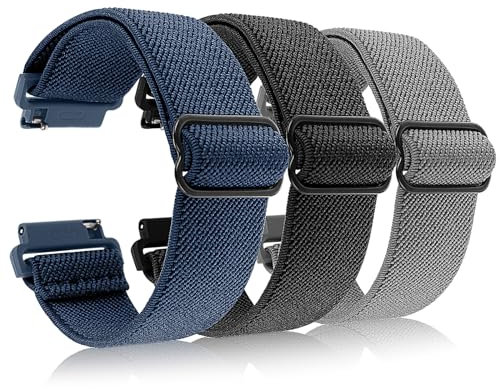 Amaxiu Correa de reloj elástica de nailon, correa de reloj deportiva ajustable trenzada para hombres y mujeres, compatible con reloj inteligente (20 mm, negro, azul oscuro y gris)
