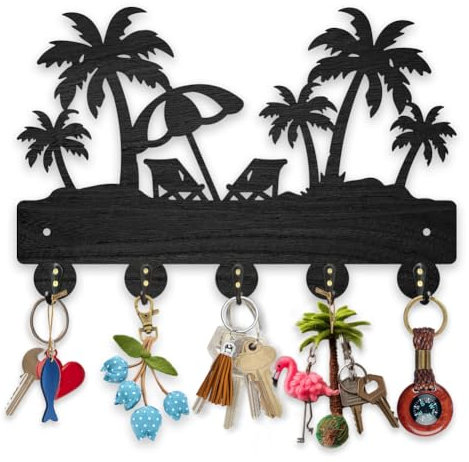 MAYJOYDIY Palm Tree Beach Coat Rack Wall Mount Summer Theme Wood Key Holder for Wall 30×20cm Decorative Key Hooks 5 Alloy Hooks for Gift, Entryway, Front Door, Hallway, Kitchen, Office