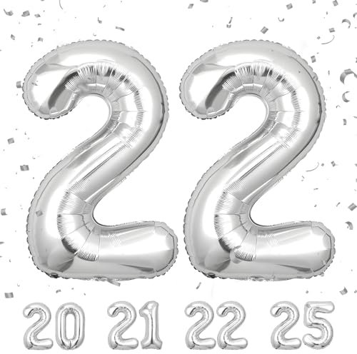 Geburtstag zahlen luftballon 22 jahre | Silber Folienballon 22 XXL -Riesen Folienballon in 40 - 101cm Geburtstagsdeko - Ballon Zahl Deko zum Geburtstag .Fliegt mit Helium